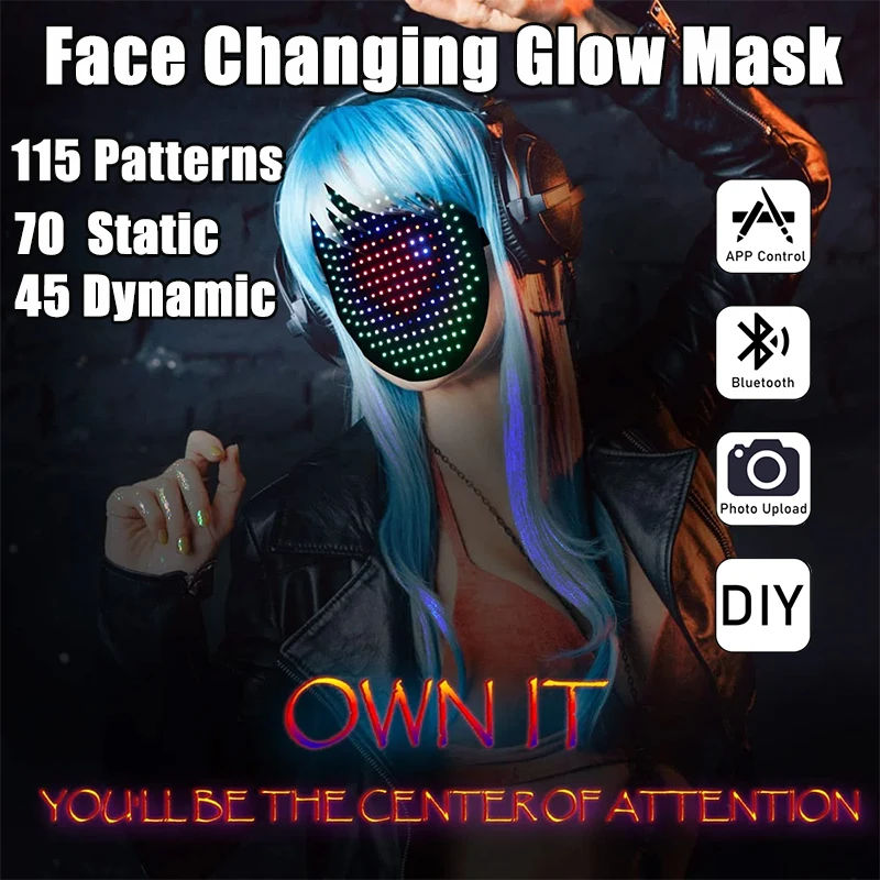 Led Mask With Bluetooth Programmable App Lighted Face Transforming Mask