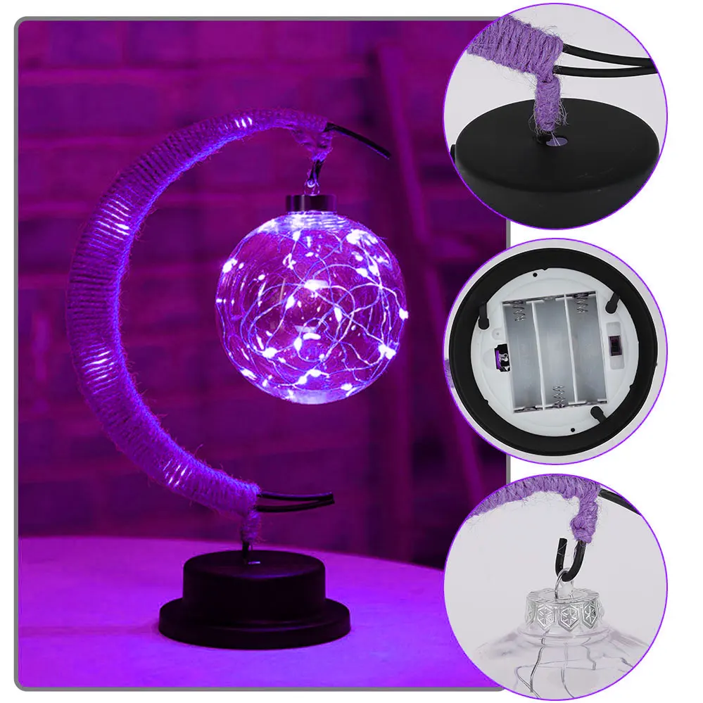 LED 별 달 라탄 테이블 램프 창의적인 헴프 스탠드 홀더 로프 철제 장식 라마단 달 소원 볼 램프