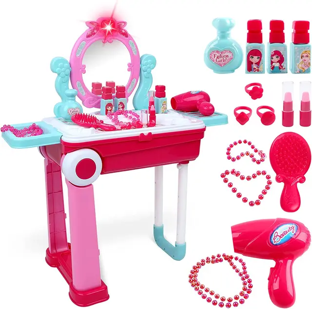 2-in-1 Portable Vanity Dressing Table and Convertible Suitcase Role Play Set Makeup Beauty Play Toys Great Birthday Christmas