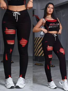 Women's Stretch Jeans Elastic Waist Drawstring Elegant Distressed Red Skinny Personalized Designer Style Suitable for All Seaso 1