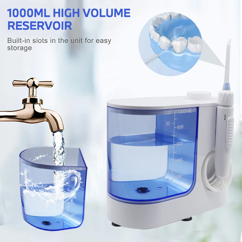 대용량 물 치과 치실, 조절식 10 단계 구강 세정기, 치아 청소 미백, 7 노즐, 1000ml