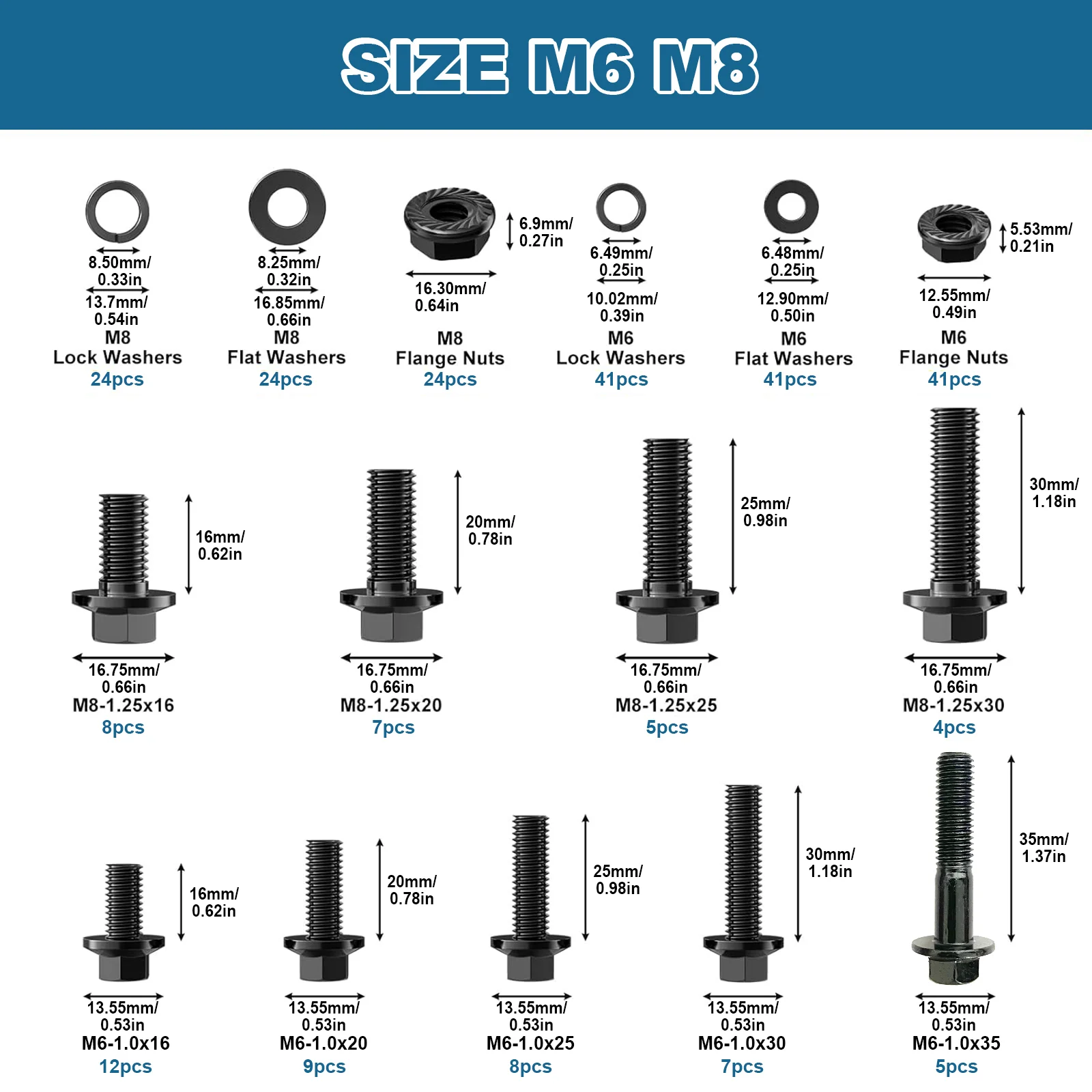 VKKM 260 pcs Hex Cap Flange Bolt Assortment Kit/Screws, Nuts & Washers/Black Oxide, M6-1.0 x 16/20/25/30/35mm, M8-1.25