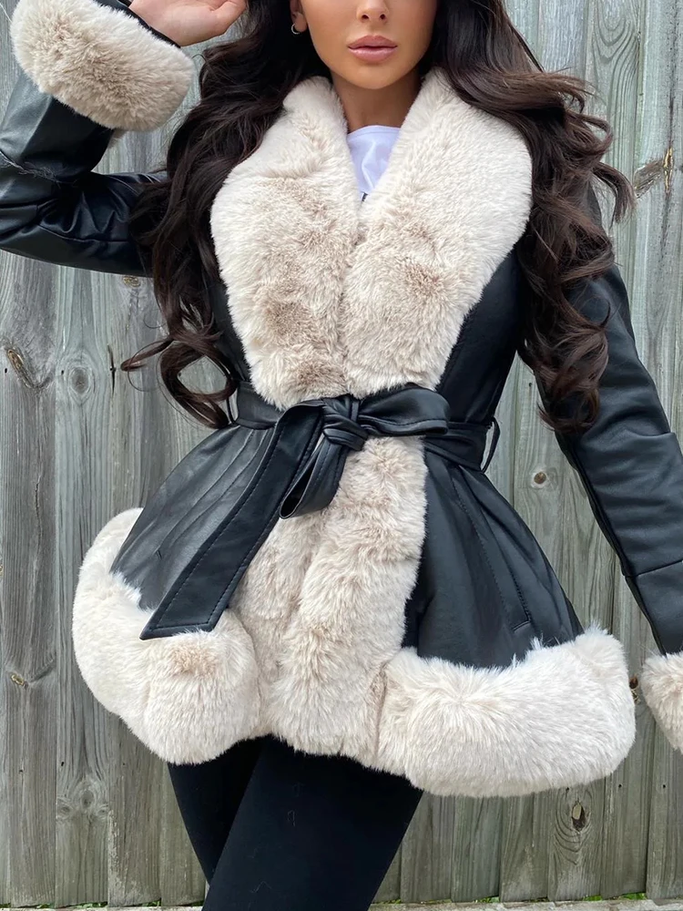 PU Leather Short Jackets Women Fashion Tie Belt Waist Coats Elegant Side Pockets Faux Fur Jackets Female Ladies Drop shipping