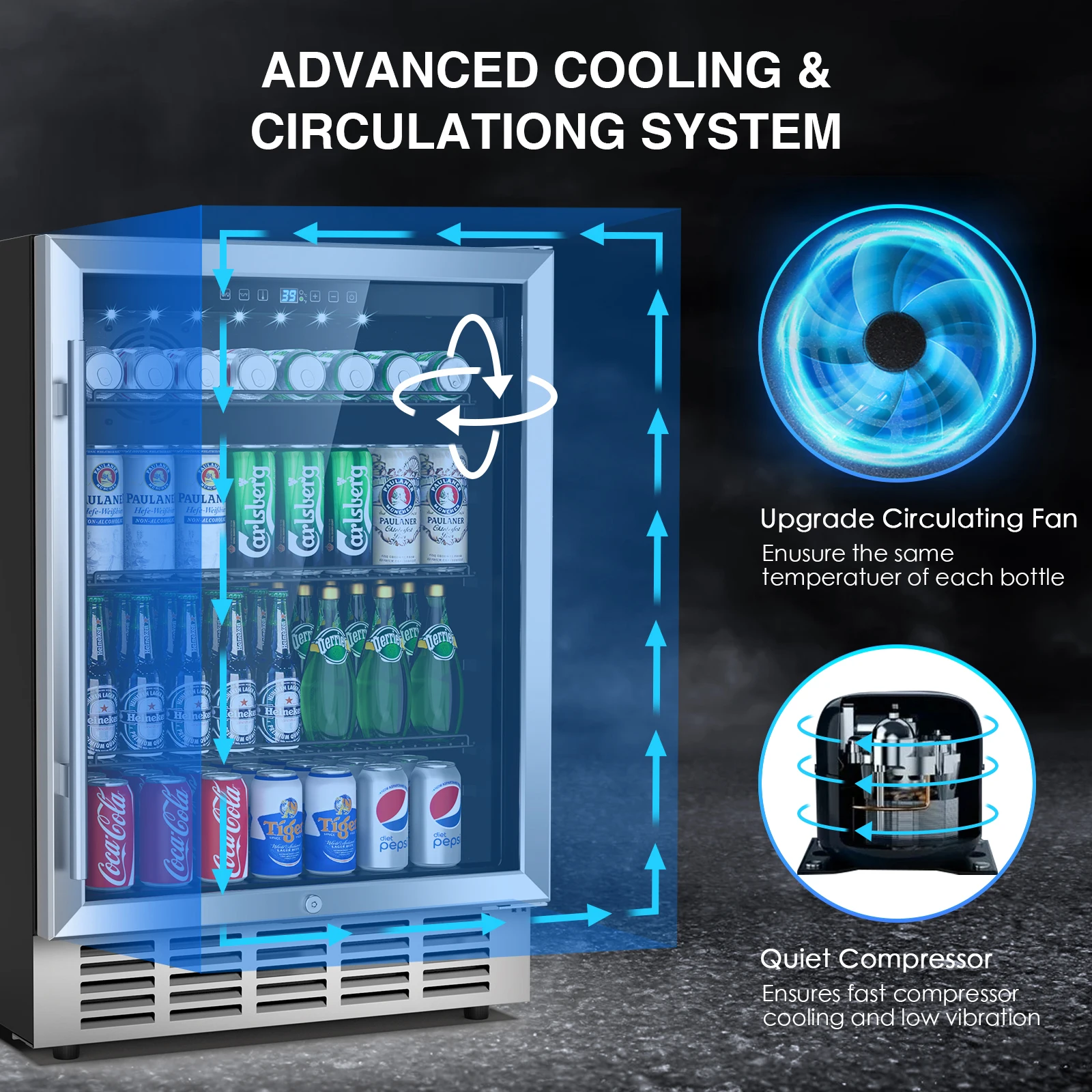 24'' Inch Under Counter/Freestanding Beverage Refrigerator Cooler Fridge Frost-Free Stainless Steel Beverage Cooler 190 Cans 3
