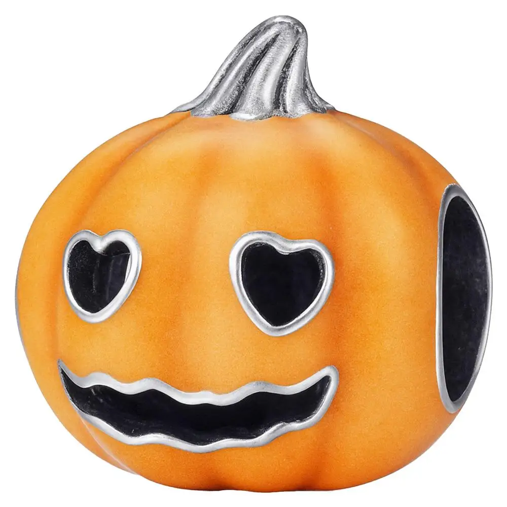 Charm calabaza metálica halloween, MXCPZ-001, 1Pza, Plata S925 Chapa, Charm Separador, Calabaza con Corazones, Naranja/Negro/Plateado.