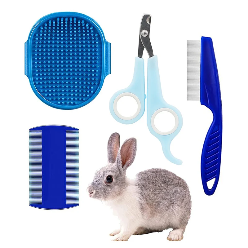 

4Pcs Rabbit Grooming Kit with Tear Stain Remover Combs Pet Nail Clipper Double-Sided Shampoo Bath Brush Hamster Rabbit Supplies