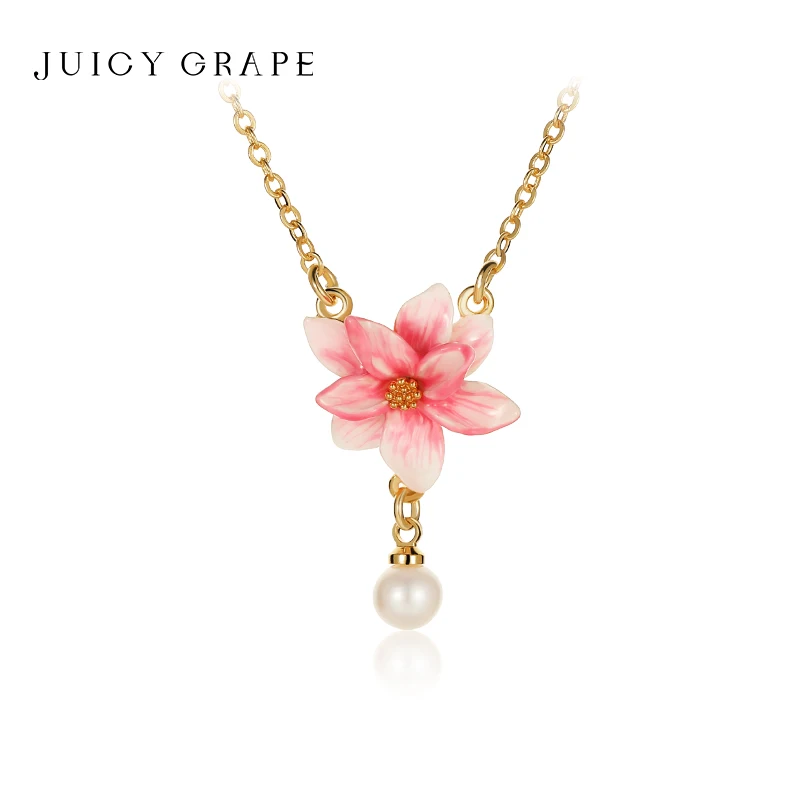 

JUICY GRAPE Pink Magnolia Flower beads Necklace 18K Gold Plated Jewelry Pendant Necklaces Female Light Luxury Collarbone Chain