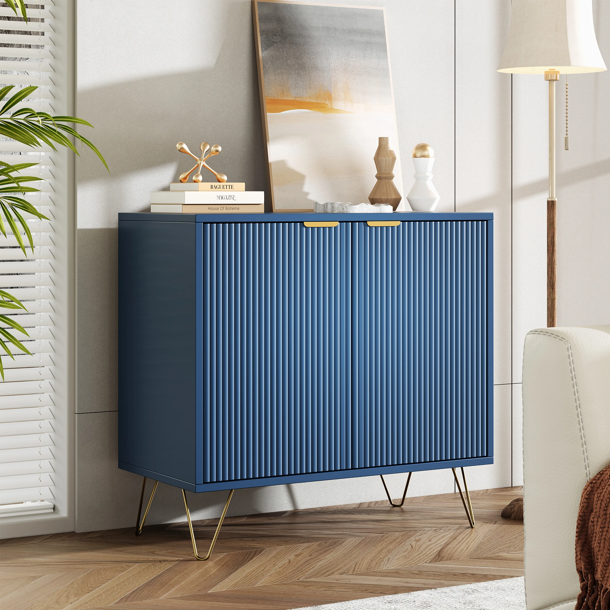 Superaly 80×40×78cm Sideboard mit Doppeltüren, Aufbewahrungsmöbel, Küchenschrank mit goldfarbenen Beinen und zweistufigen Regalen – Detail 4