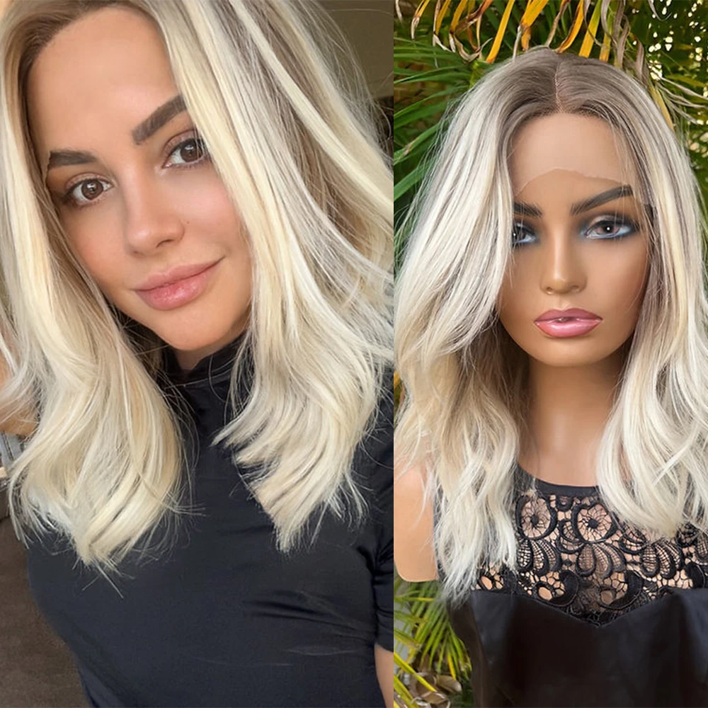 Light Blonde Balayage Synthetic Wigs 14" Wavy Humam Hair Blend Light Brown Root Beautiful Heat Friendly Fibres Lace Front wigs lace frontal wig synthetic blend wigs