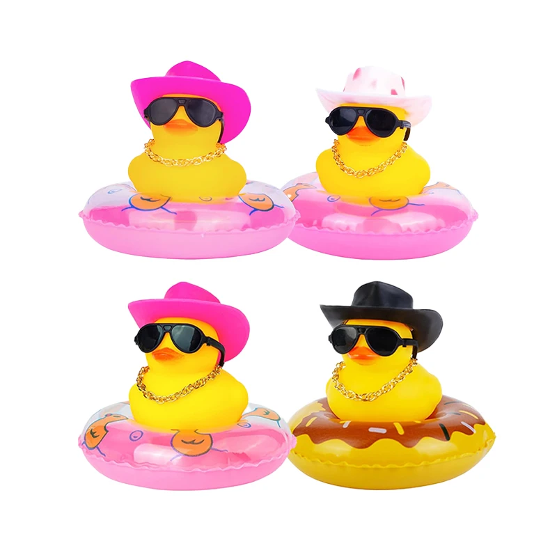 

4 Set Car Duck Car Rubber Dashboard Decorations Ornament Yellow Duck with Mini Swim Ring Sun Cowboy Hat Necklace for Auto Office