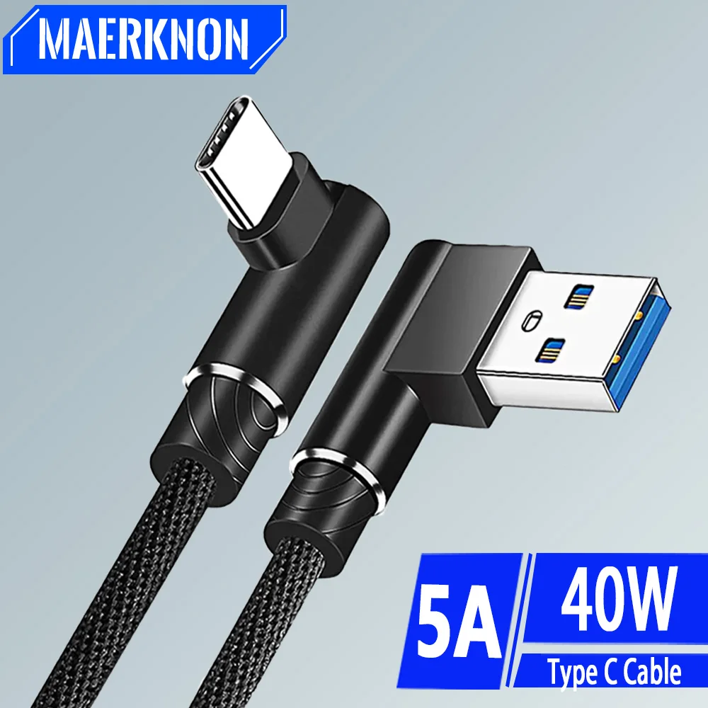 5A USB C Cable 90 Degree Elbow Fast Charge Phone Charger Type C Data Cord For iPhone Samsung Xiaomi Huawei 40W Quick USB PD Wire