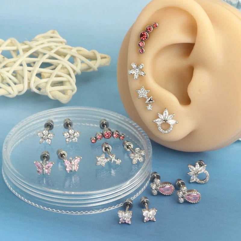 2pcsc Mini Crystal Butterfly Sweet Stud Earrings for Women Flower Helix Cartilage Tragus Lobe Teen Ear Piercing Jewelry Ear Stud