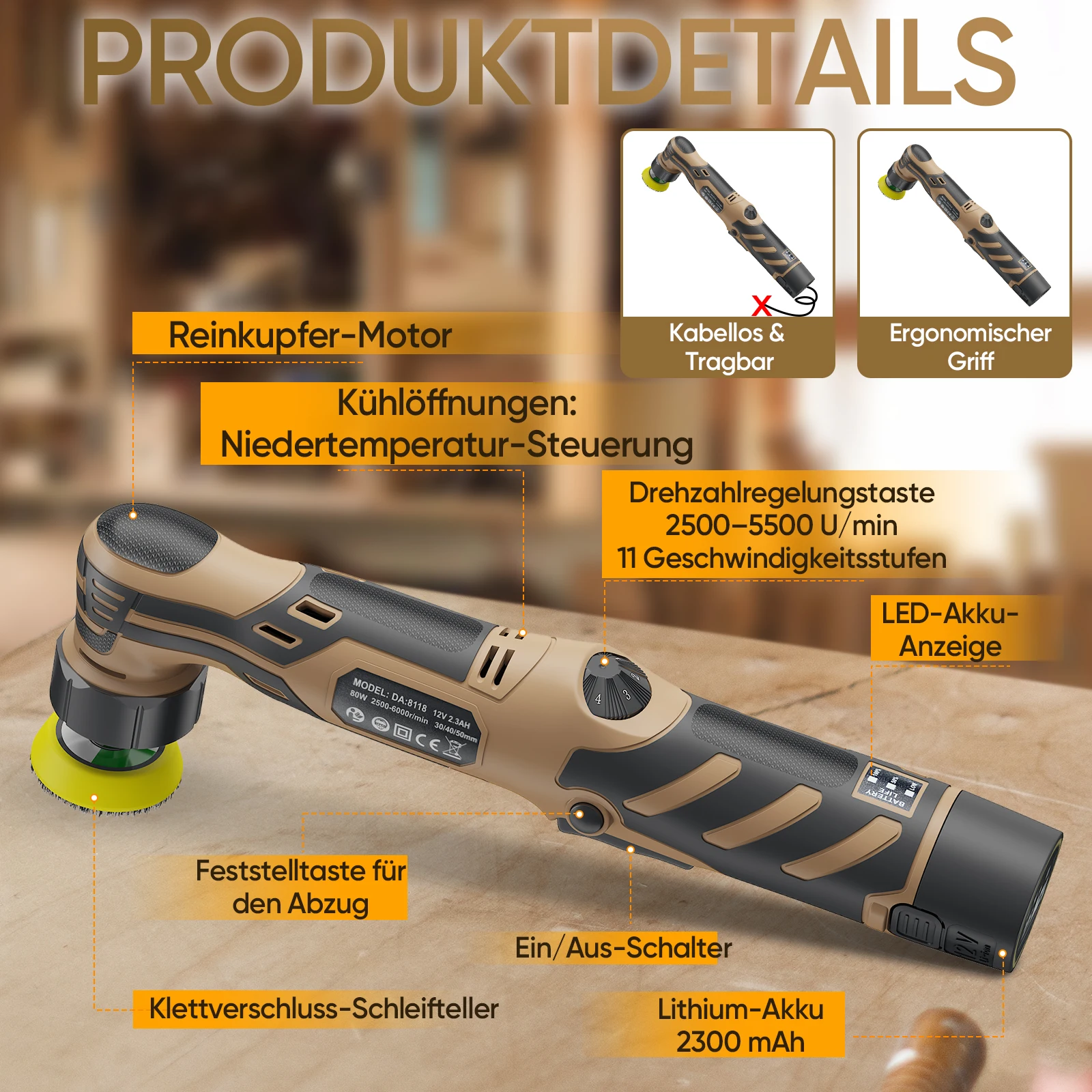 Akku-Mini-Autopolierer, 1/1,5/2 Zoll, DA&RO mit Einstellgeschwindigkeit, 2 wiederaufladbaren Batterien, Auto-Detaillierungs-Mikropolierer – Detail 8