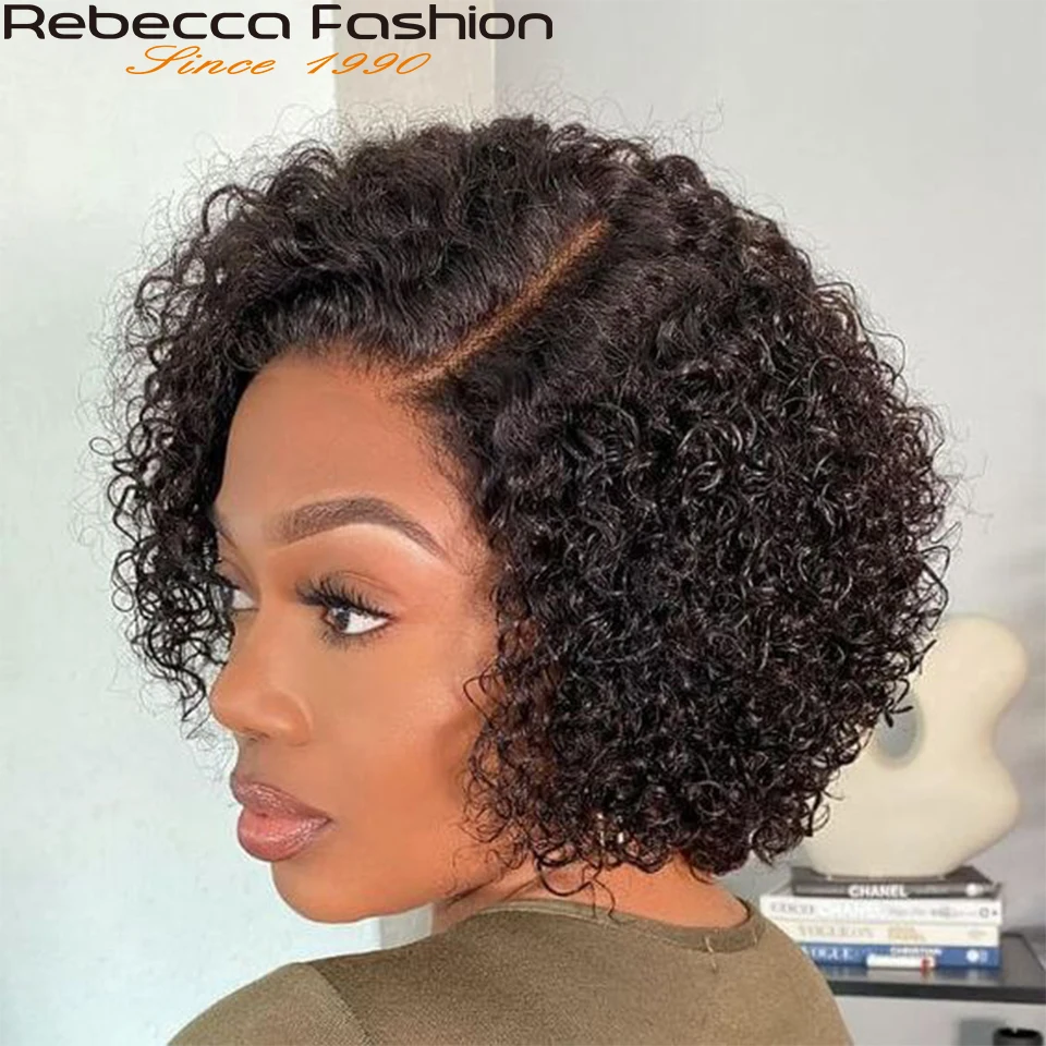 

Brazilian Deep Curly Human Hair Bob Lace Wigs With Bang Short Pixie Cut Bob Wig 180% Density Full Machine Made Wigs For Women