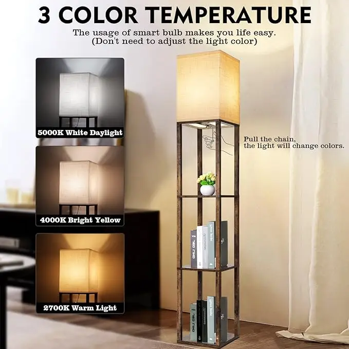 Modern Floor Lamp with Shelves - 3 Color Temperature, Wood Design - Includes 8W Bulb - Ideal for Living Room, Bedroom or Office 2