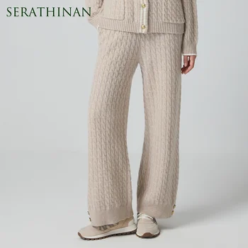 BD4521349 Luxury Women's 100% Wool Cable Knit Pants Soft Textured Wide-Leg Trousers for Fall Winter