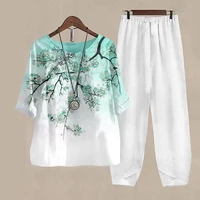 Ladies Elegant Vintage Suit Butterfly Print White Two Piece Set Casual Female Loose Outfits O Neck Short Sleeve Shirt With Pants - Image 6