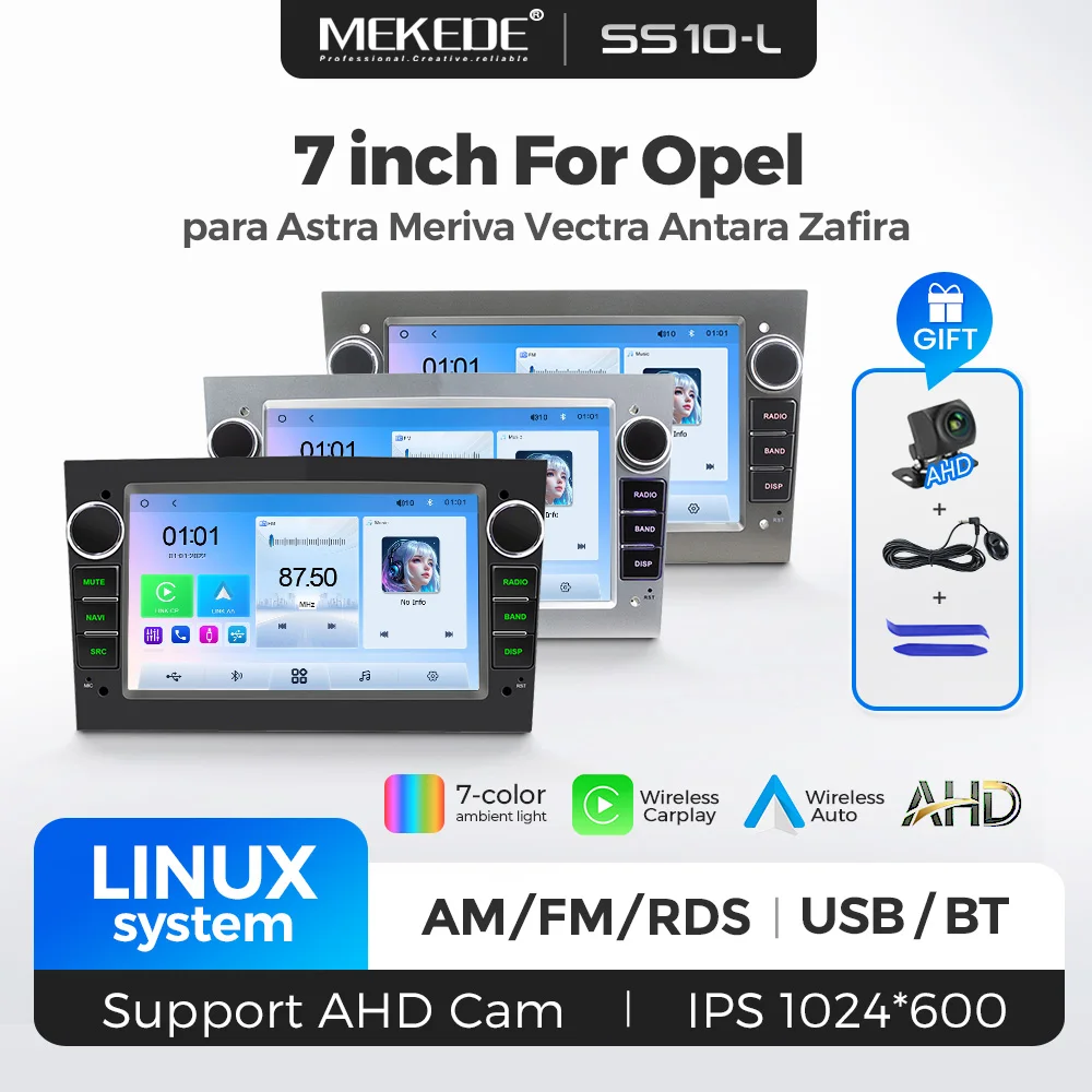 MEKEDE UE Stock 2DIN 7 Pulgadas Radio para Coche Linux con CarPlay Inalámbrico y Android Auto, Reproductor Multimedia con Pantalla Táctil, Autorradio Estéreo para Opel Astra H G J Zafira B Corsa C D Antara Vectra Vivaro, Bluetooth, FM, AM, RDS, USB, Cámara Trasera AHD, Control desde el Volante 1