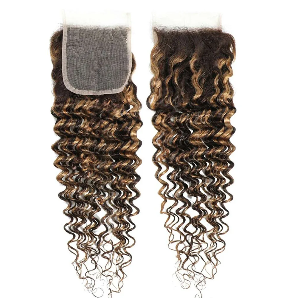 Highlight Deep Wave Bundles with Closure Brazilian Human Hair Bundles with Closure Honey Blonde 30 Inch