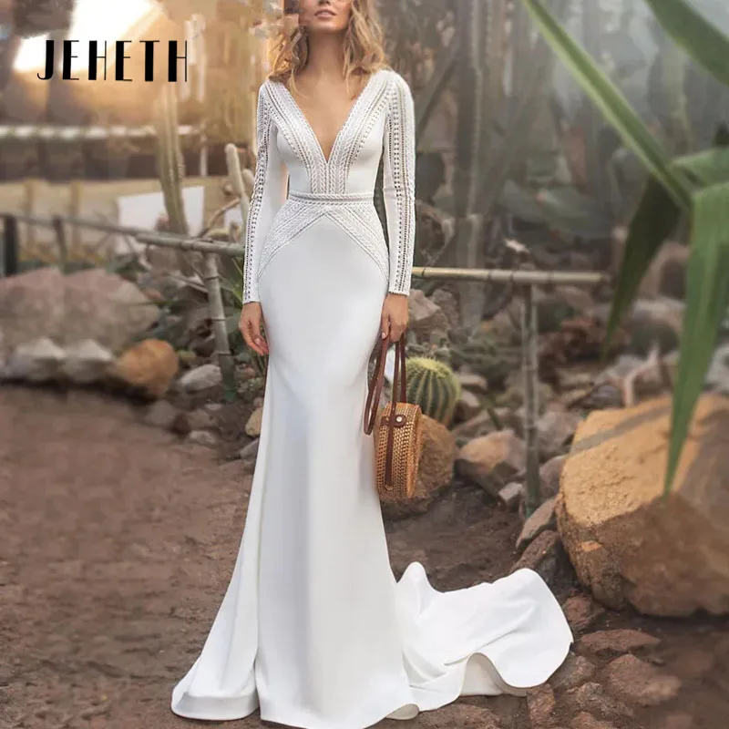 

JEHETH Satin Long Sleeves Wedding Dress For Bride Mermaid Sexy Backless Elegant V-Neck Bridal Gowns Vestidos De Novia