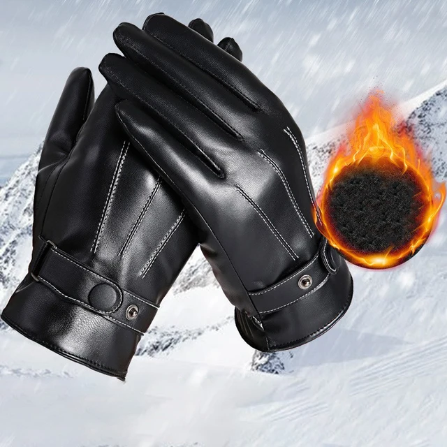 Men Winter PU Leather Black Gloves Button Warm Mittens Outdoor Sports Driving Skiing Men's Windproof Gloves Winter Supplies 2
