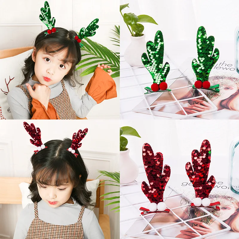 

6paris Children Christmas Hair Accessoring Bling Sequins Tree Antlers Hairpins Girls Party Headpieces Horns Hair Clips