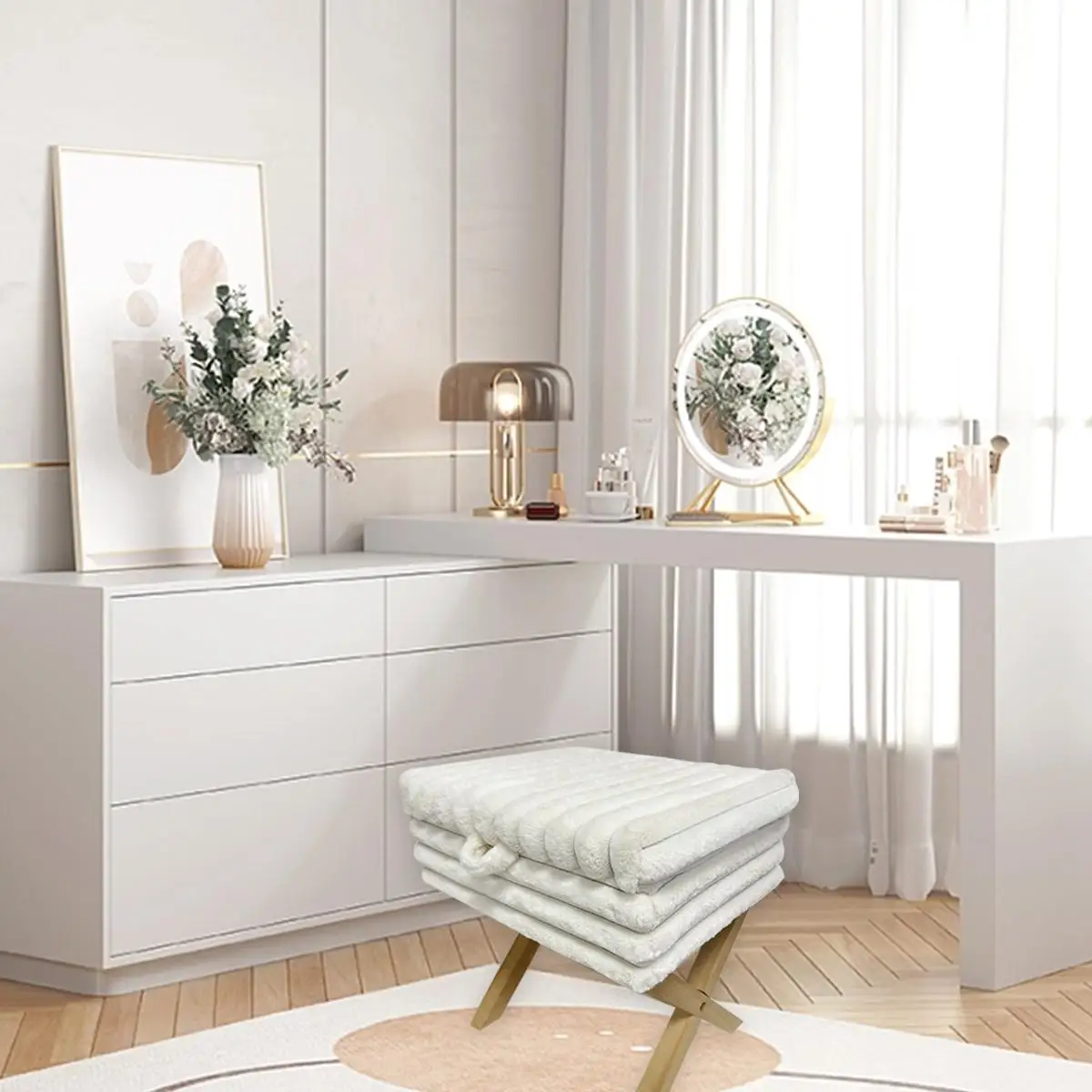 Joyfinity Makeup Chair Faux Fur Foot Stool Chair, Square Ottoman with Storage, Vanity Stool with Wooden X Legs