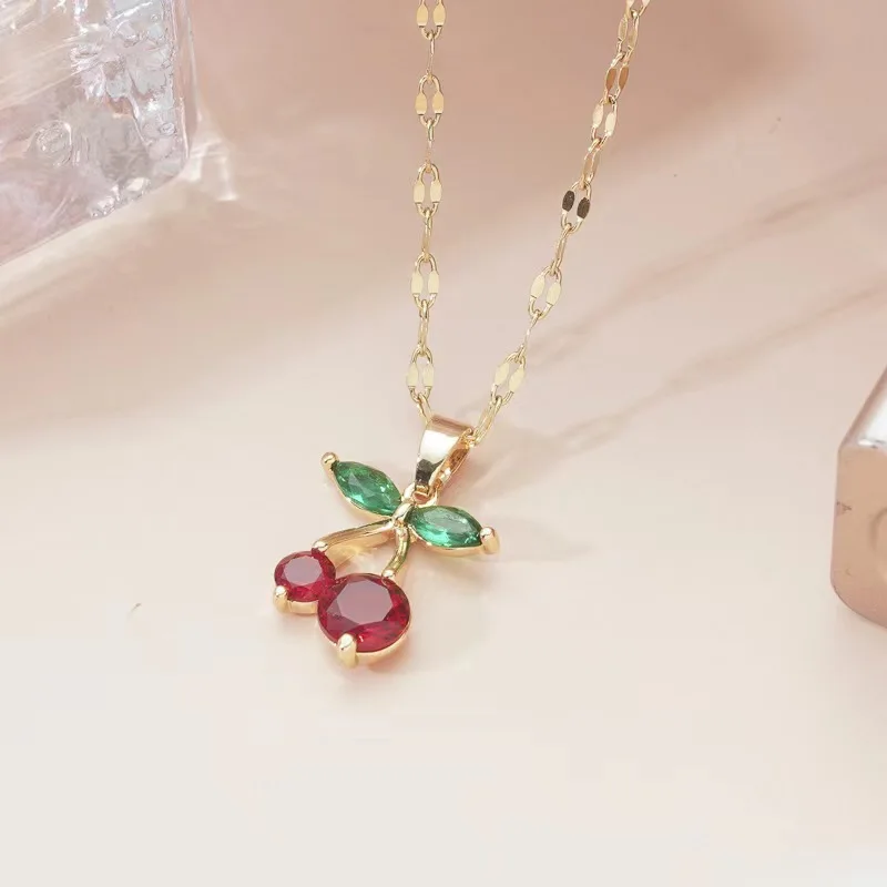 Cherry Pendant Necklace With Red Zircon And Elegant Korean Style_voghion.com