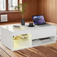 Anajqaqia, table basse réglable en hauteur 100×55×35 cm, table basse de salon avec bande lumineuse LED, table basse en verre trempé, table basse moderne minimaliste, table basse, table d'appoint de canapé, blanc 4