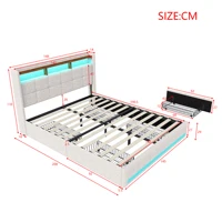 Каркас двуспальной кровати 140x190 см, 4 ящика для хранения вещей, светодиодная подсветка, зарядная станция, мягкая кровать с деревянным решетчатым основанием, без матраса — изображение 3