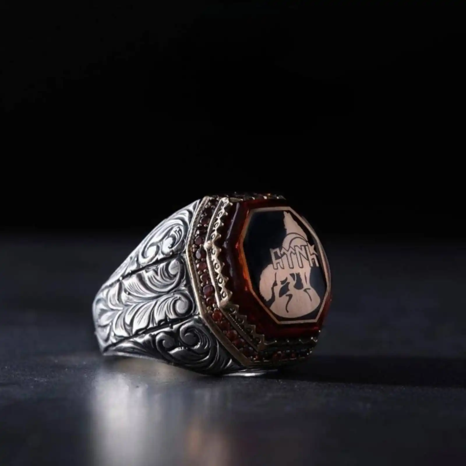 

Wolf Model Silver Men's Ring, Red Amber Stone Ring, Red Zircon Stone Ring, Handmade Turkish Ring, Turkish Inscription Ring