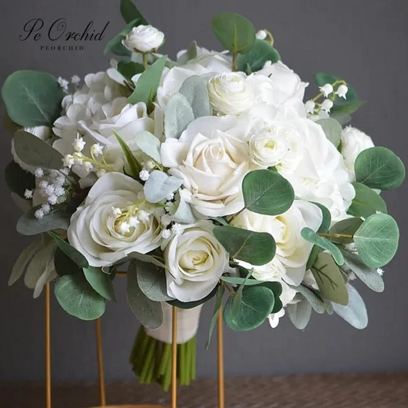 

PEORCHID Romantic White Greenery Boho Wedding Bouquet Roses Eucalyptus Artificial Beach Spring Winter Bridal Flowers Bouquet