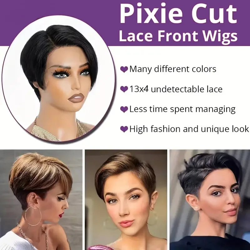 Short Pixie Cut Bob Wigs Lace Front Human Hair Wigs Natural Black Color Brazilian Straight Remy 100% Human Hair wig