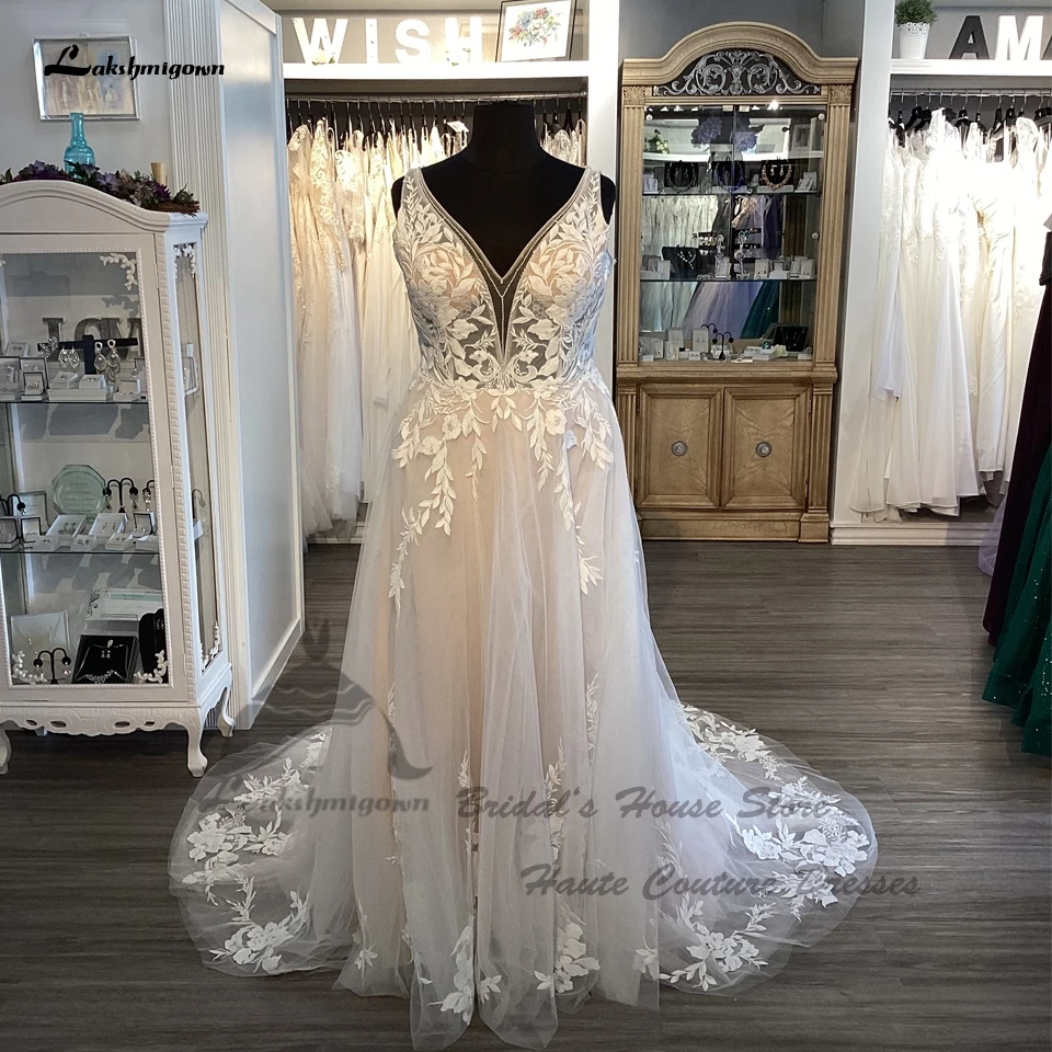 

Lakshmigown розовые пляжные свадебные платья для женщин с открытой спиной 2024 Vestido Свадебные платья Boho V-образный вырез кружевные аппликации