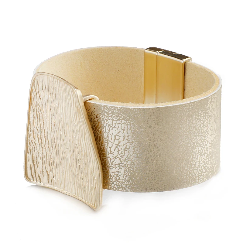 Amorcome Champagne Gold Color Metal Charm Genuine Leather Bracelet for Women Femme Fashion Wide Wrap Bracelets Bangles Jewelry bracelet jewelry