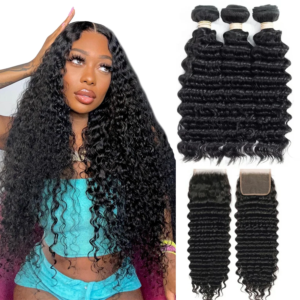 

Brazilian Human Hair Bundles With Closure Raw Hair 100% Human Hair Deep Wave Bundles Human Hair Extensions Real Human Hair