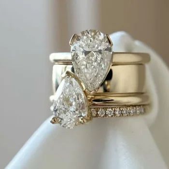 Trendy Gold Color Water Droplet Shape Inlay Shiny Zircon Rings For Women Engagement Accessories Gifts Fashion Custom Jewelry 1