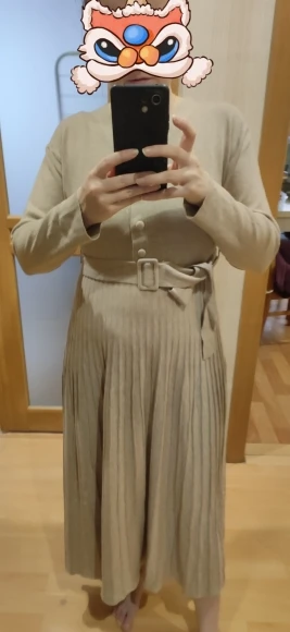 Bgteever- Elegant Thick Sweater Dress For Women, Single-breasted And V-neck, Soft Trapeze Dress With Belt, Fall Winter Collection 2021 photo review
