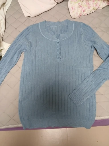 Knitted Women Sweater Button O-neck Pullovers Spring Autumn Basic Sweaters for Female Pullover Slim Solid Bold Stripes Tops photo review