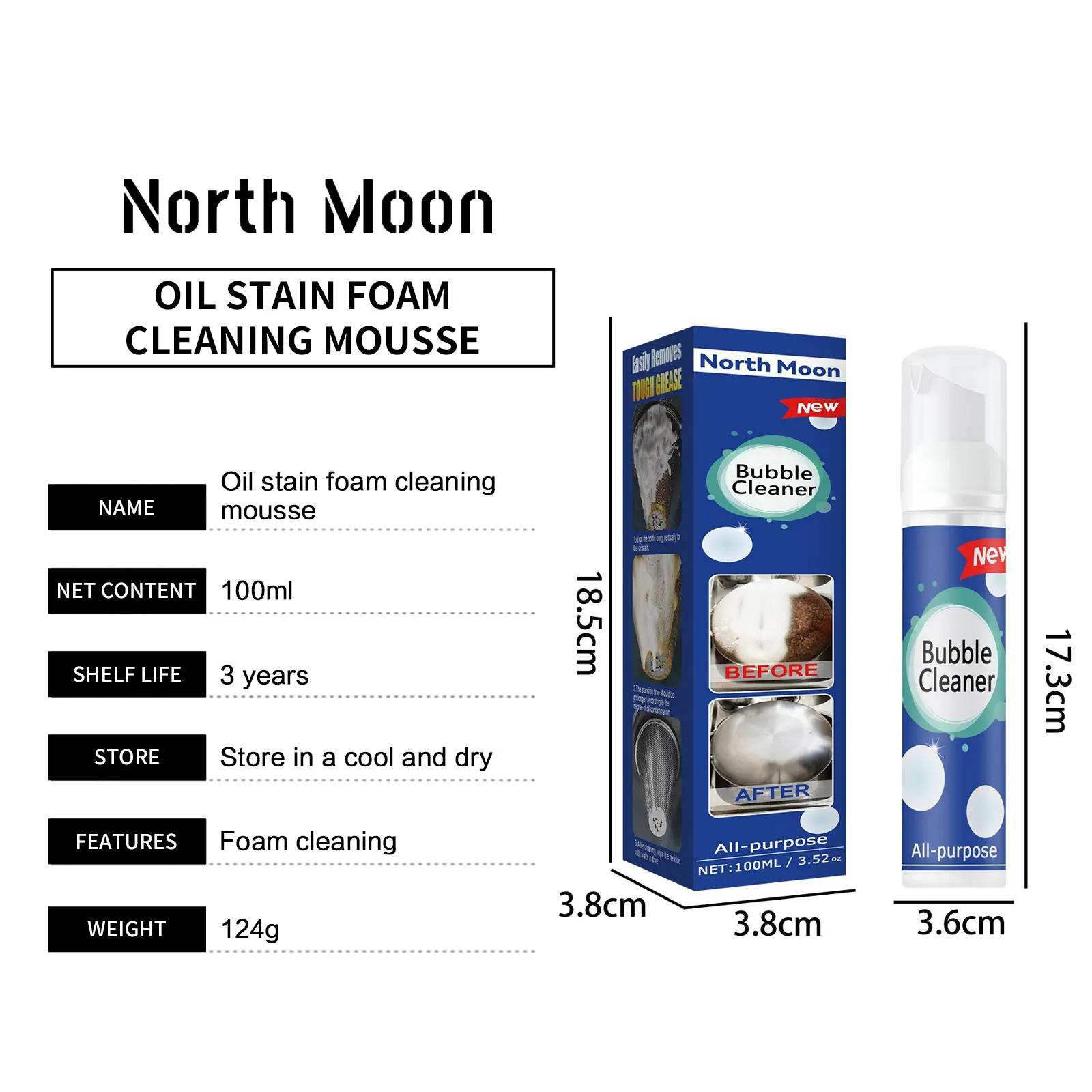 North Moon 100ml Kitchen Grease Bubble Cleaner Foam Rust Remover Spray Rinse-Free Dirt Remover Heavy Oil Stain Cleaner Mousse