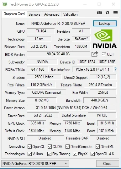 저렴한 가격으로 고성능 게임을 위한 USED RTX 2070 Super
