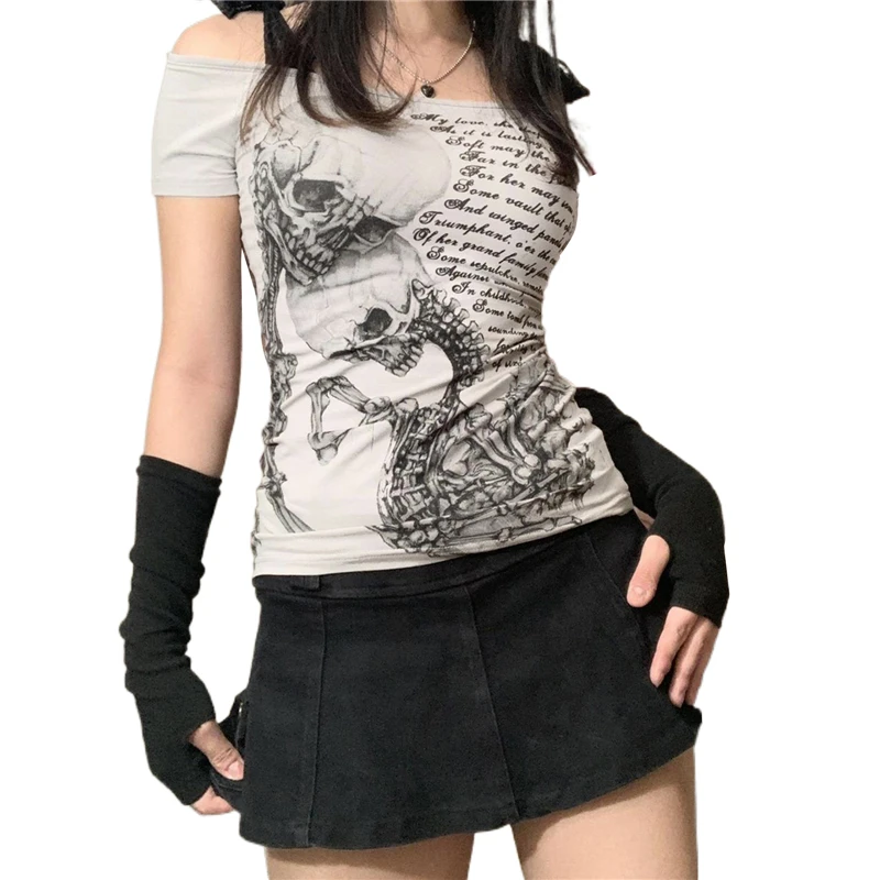Goth Skull T Shirt 2000s Aesthetic Women Grunge Fairy Core Off Shoulder Short Sleeve Tops Graphic Tee y2k Streetwear 1 Goth Skull T Shirt 2000s Aesthetic Women Grunge Fairy Core Off Shoulder Short Sleeve Tops Graphic Tee y2k Streetwear