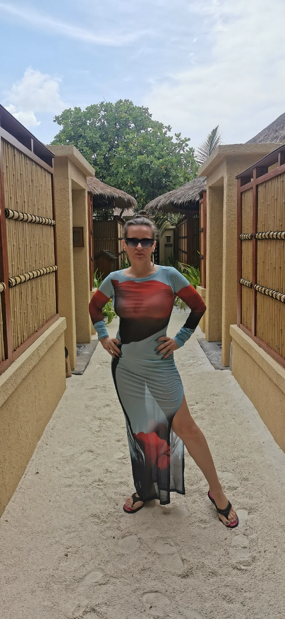 Yiiciovy Sexy Women’s Slim Fit Long Dress Cover-Ups Sheer Mesh Long Sleeve Floral Print Beach Dress Side Split Bikini Cover-Ups photo review