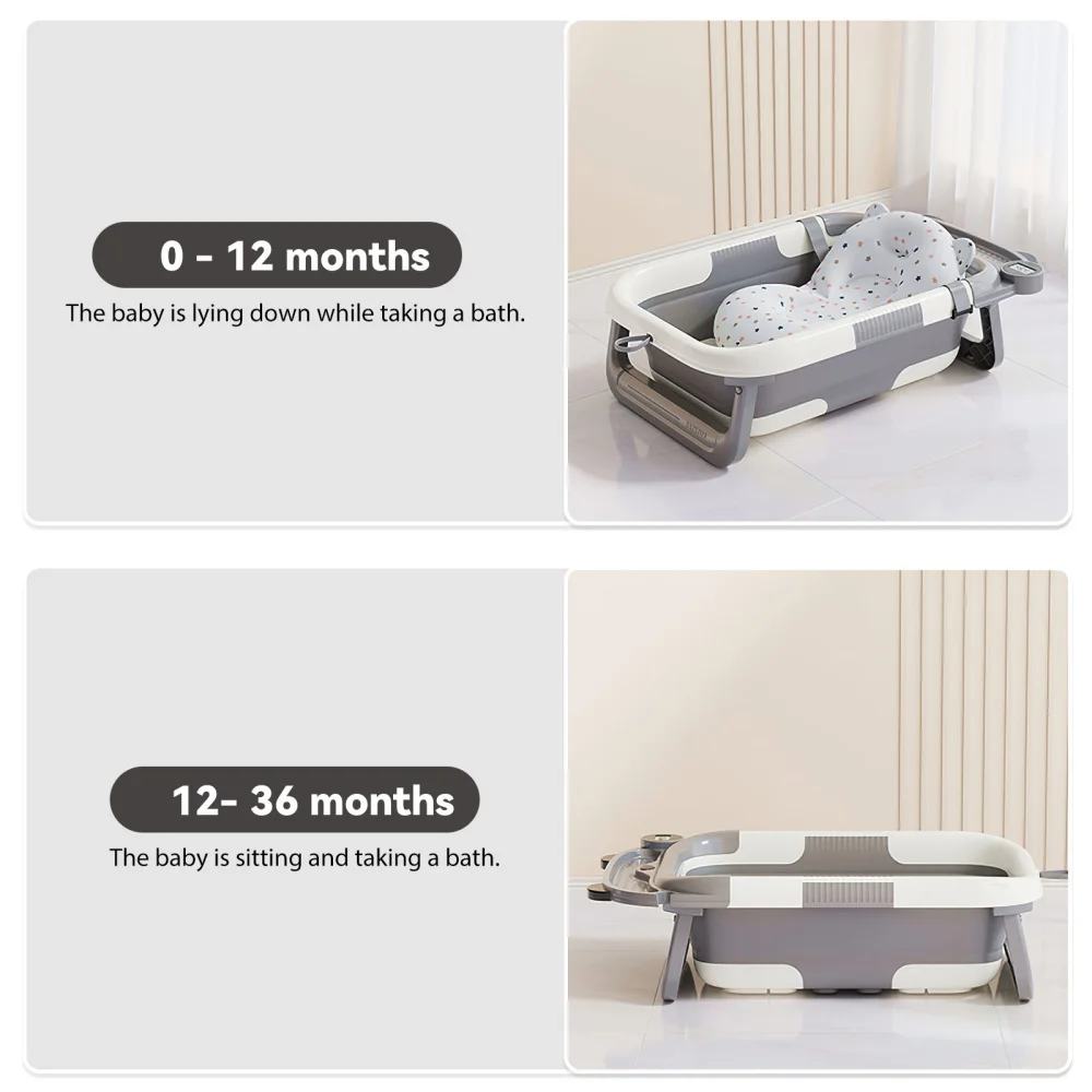 Zusammenklappbare Babybadewanne für Neugeborene mit Thermometer & 1 Weichem Schwimmkissen, Tragbare Reisebadewanne mit Abflussloch, Babywannen – Detail 7