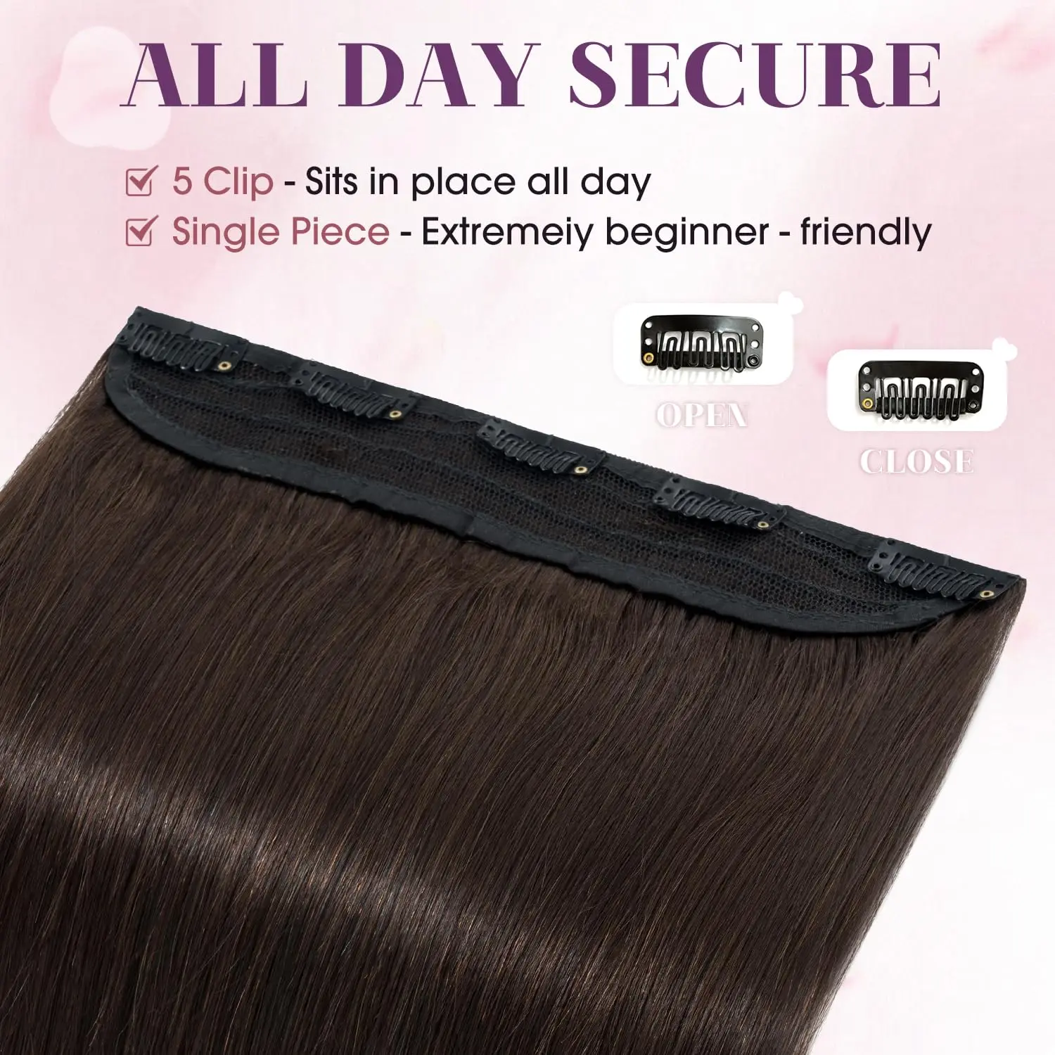 One Piece Hair Extensions Clip Ins Human Hair 5 Clips 3/4 Full Head Clip On Dark Brown Color Remy Extensions For Women