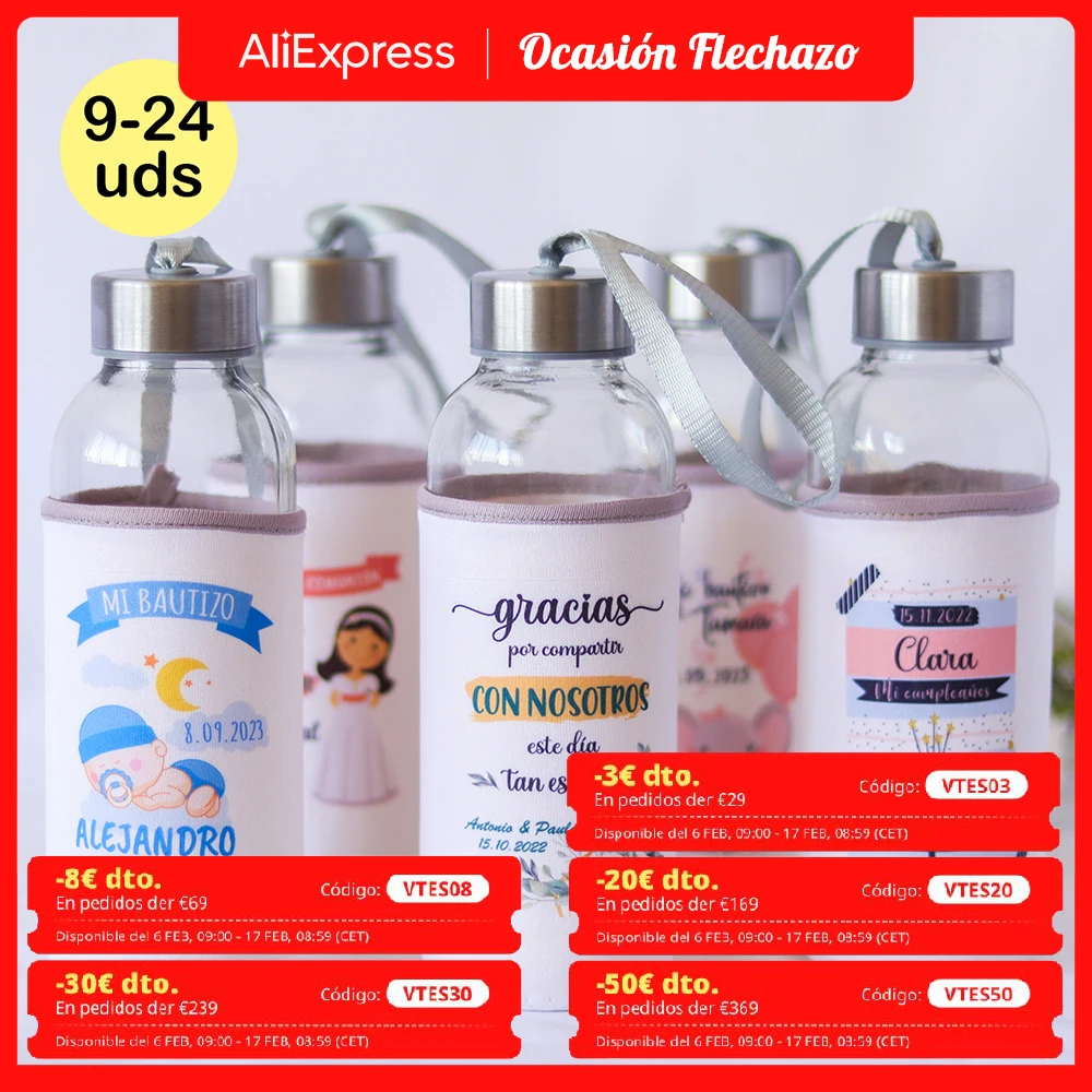 Lote de 9 a 24 unidades de botellas de cristal con funa personalizada, Botellas personalizables, Botella de cristal, Detalles para invitados de boda, Detalles bautizo, Cumpleaños, Recuerdos comunión, Regalantes Store