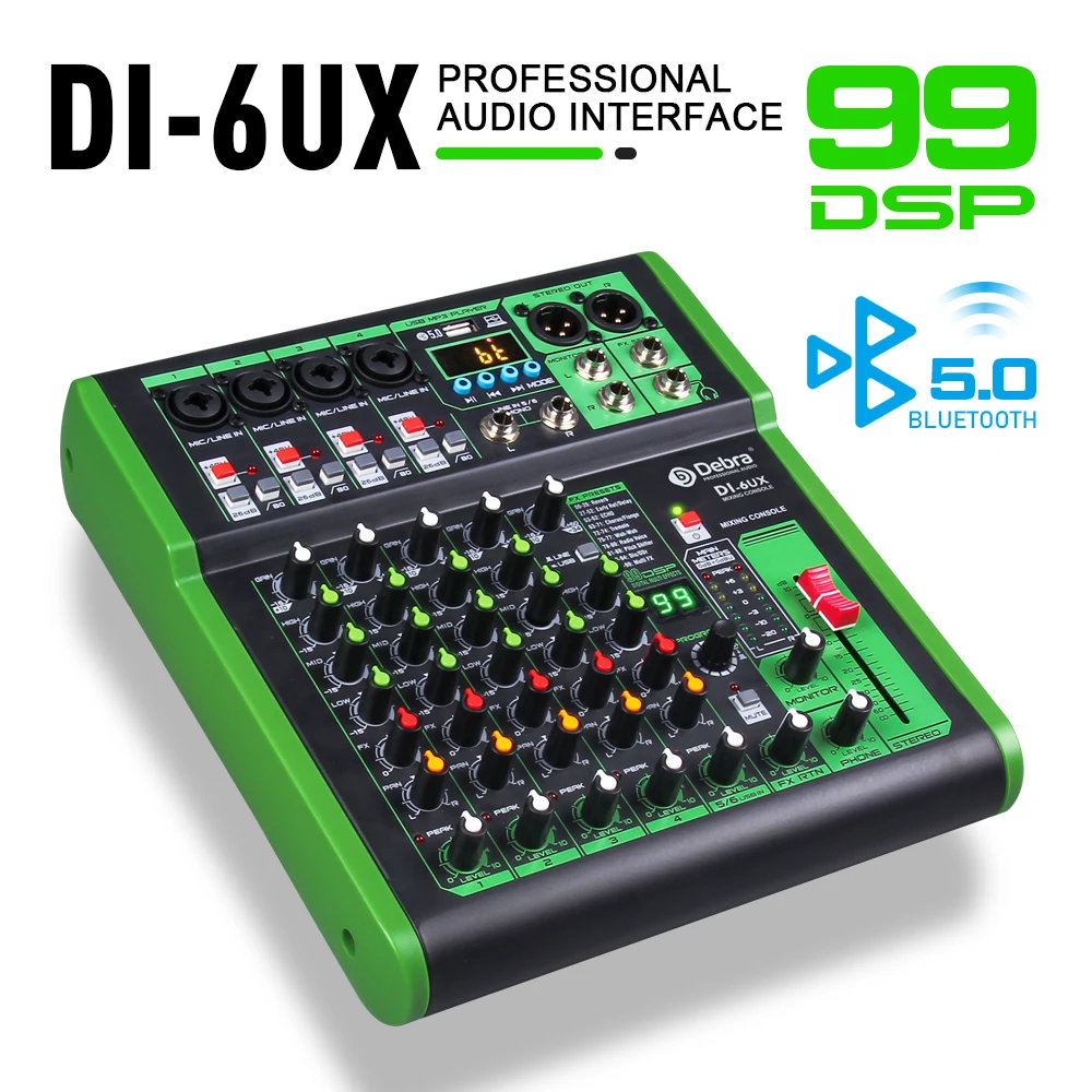 

D Debra 6-Channel DJ Console Audio Mixer with 99DSP Digital Reverb Bluetooth 5.0 Professional for Karaoke Stage PC Recording