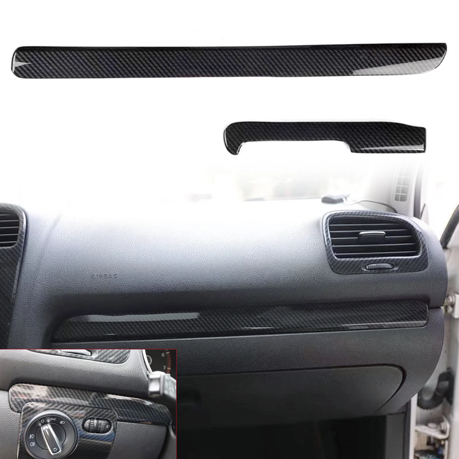 

Подходит для Volkswagen Golf Mk6 2008-2012, аксессуары для стайлинга автомобиля, АБС-пластик, карбоновый центральный контроль, крышка приборной панели, отделка, 2 шт.