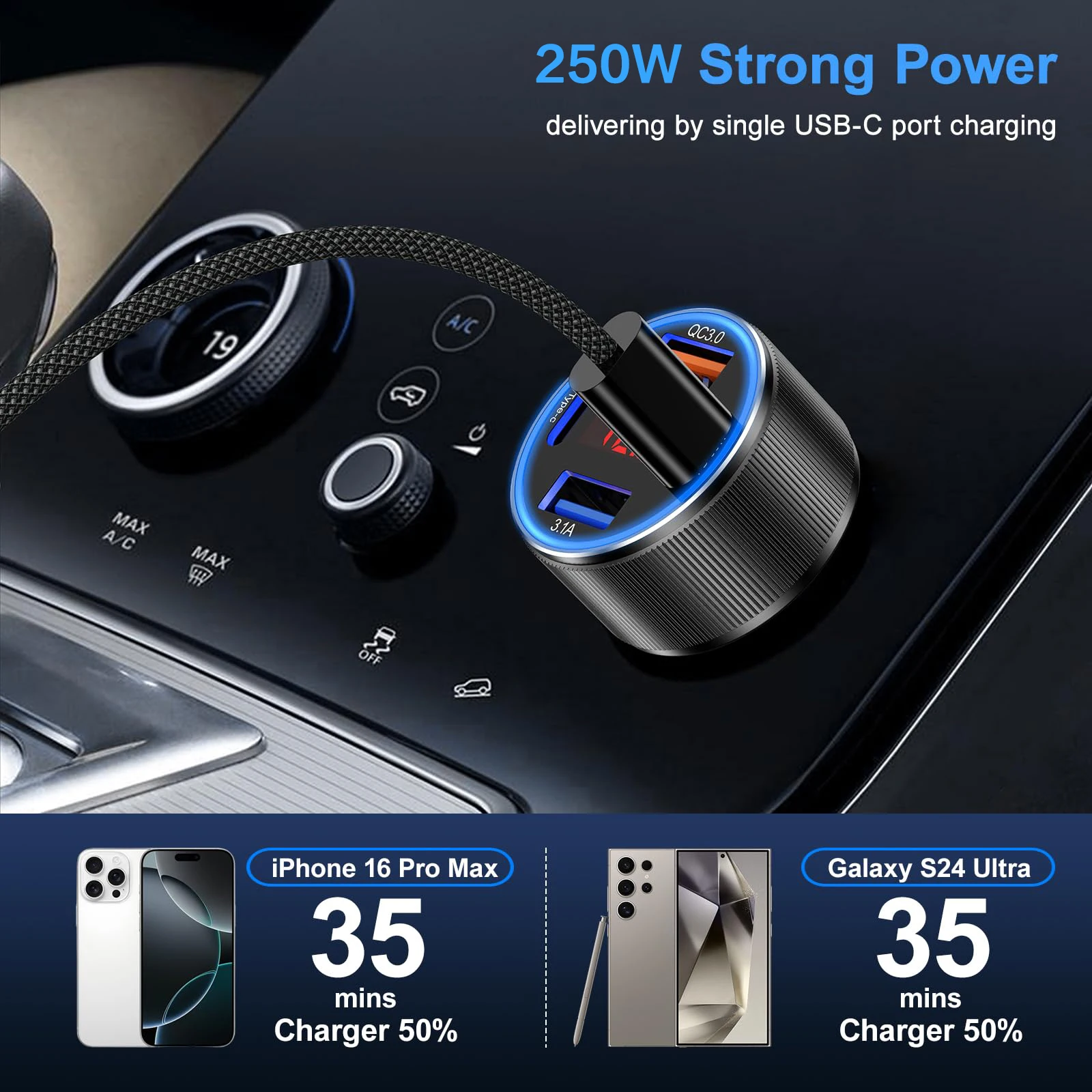 Caricatore Auto 6 in 1 con Display QC, Adattatore USB PD Tipo C, Cavo Ricarica Rapida per iPhone, Accendisigari, Accessori Inter - immagine 2