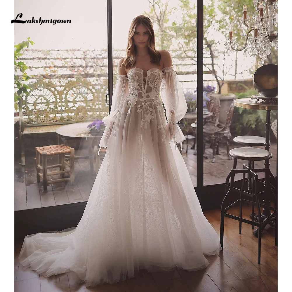 Lakshmigown Sexy Sweetheart Collar Puff Sleeve Lace Top A Line Wedding Dress Customized Boho Bridal Gowns vestidos de novia robe 1